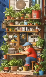 a little boy in a red shirt is by some plants