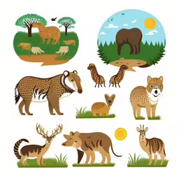 several wild animals are depicted in a graphic style,a graphic representation of an assortment of wild animals,a selection of wildlifes are shown here,the set of wild animals in cartoon style,wild animals are standing on a grassy area
