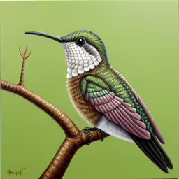 this hummingbird is resting on a tree branch,a painting of a small hummingbird perched on a branch,a painting of a bird sitting on top of a tree branch,a painting of a bird sitting on a tree branch,painting on the wall of a bird that is perched on a branch