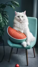 the cat is posing on the chair holding the ball