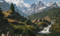 some mountains water trees and bushes and rocks