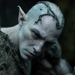 man in white makeup with his hair braided into a bun