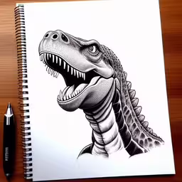 the head of an alligator is drawn in a notebook,drawing a dinosaur from graph and pen