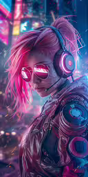 a cartoon character in headphones and neon hair,an cyber girl wearing headphones and glowing neon lights