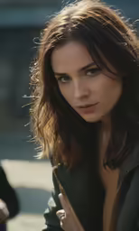 a woman looking at the camera with a serious look on her face