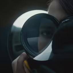 a man is holding a camera lens near his face