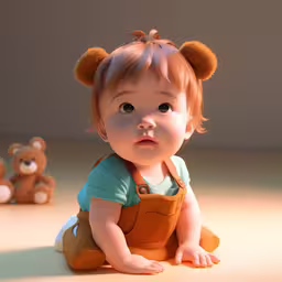 there is a little girl with short hair sitting down,small toddler sitting in front of teddy bears