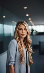 young attractive blond woman with wavy hair standing in an office setting