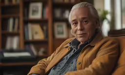 a man with white hair is sitting in a chair