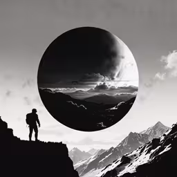 a man standing on top of a mountain next to a circle,a person on a mountain peak with mountains in the background