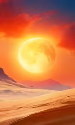 a desert with the sun setting in it