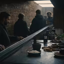 a group of men sitting at a bar eating together