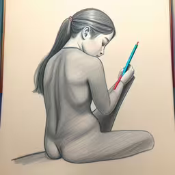 this drawing has an image of a woman with a pen,a drawing with markers in it of a woman writing