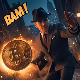 the man wearing a hat and tie is looking at an bit coin