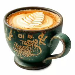 a cup of coffee that has some art in it