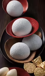 two plates with red and white plates filled with white and gold food