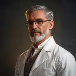 a man with grey hair wearing glasses and a white jacket