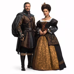 a man and woman in renaissance costume stand side by side