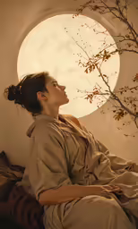 a woman sitting on a bed in front of a circle window