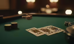 playing cards, dice and handcuffs on a table