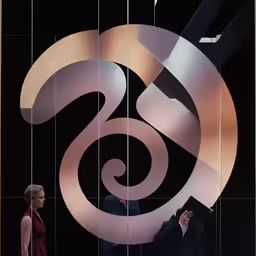 a man and woman standing in front of a spiral sign