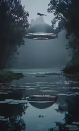 the ceiling lamp hangs over the calm lake in front of some tall buildings