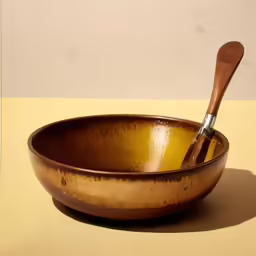 an old - fashioned metal bowl and wooden spoon