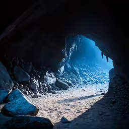 a view of an area with rocks and the sunlight pouring into the tunnel