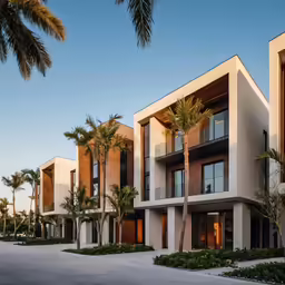 some white and tan houses with palm trees and grass