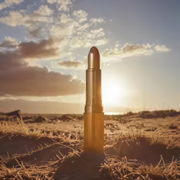 a lipstick bottle in the desert with the sun rising