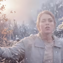 a woman with blonde hair and jacket holding a glass in the snow