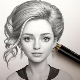 a drawing of a woman with long hair and a black pen
