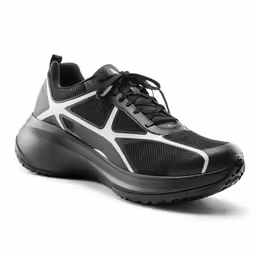 a pair of black shoes, the foot side is up and the bottom shoe is down