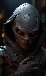 a demonic looking person standing in the dark