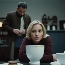 a woman and a man sitting in front of a table filled with cups