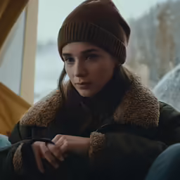 a girl wearing a hat and looking into the camera