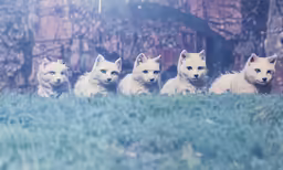 a group of puppies sit in the grass