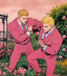 two men in red suits touching each other with their hands,two people that are dressed in pink and blue are in a flower field
