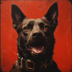 a large black dog is standing up against a red background