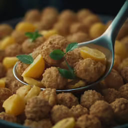 a ladle filled with cooked food sits next to a bowl of macaroni and cheese