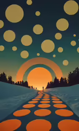 a large dot formation of orange dots next to trees and a road