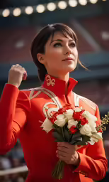 a woman in red uniform holding flowers and a bouquet
