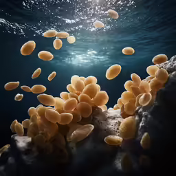 small yellow sea urchins in blue water