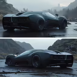 a set of two pictures of cars driving along the river