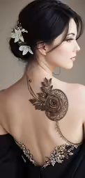 a woman with flower jewelry on her back