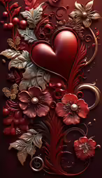 a heart with flowers, pearls and leaves