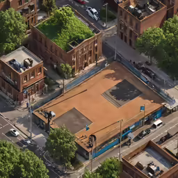 an aerial view of a street, a parking lot and parking meters