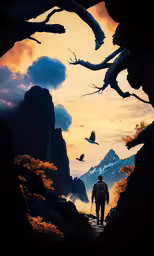 the view of a man in front of a mountain and sky