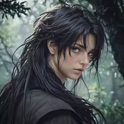 a woman standing in a forest next to trees