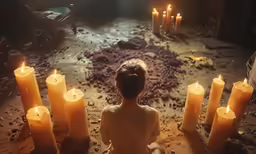a little girl sitting in a room next to several candles